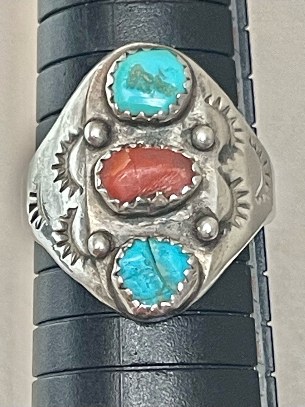 VTG Old Pawn Mens Native American Sterling Silver Turquoise Coral Ring SZ
11.25